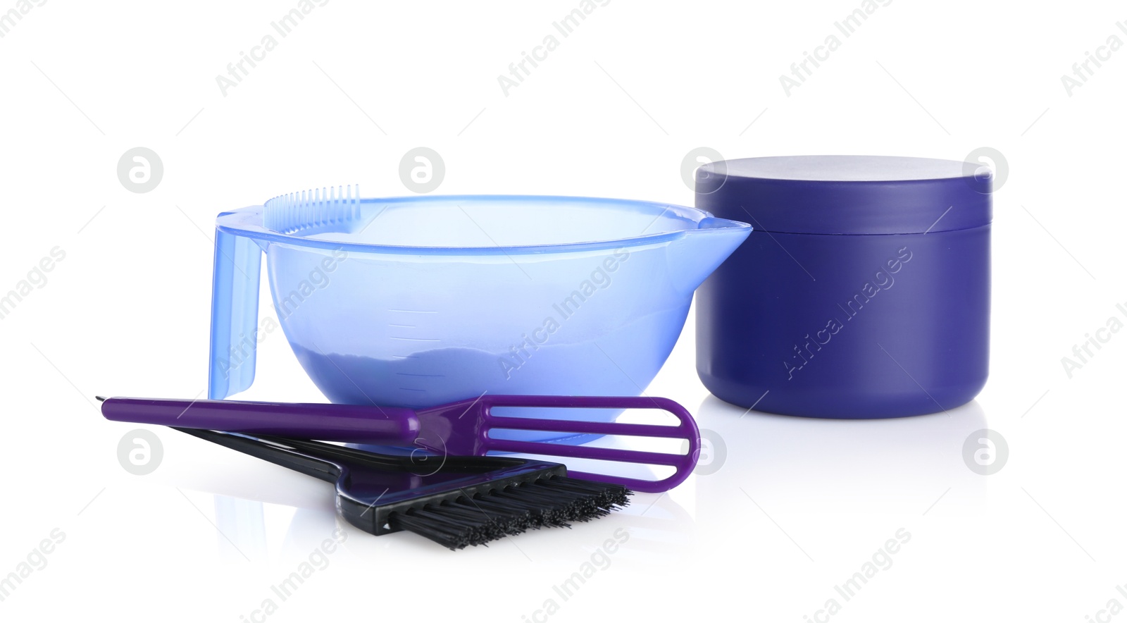 Care cosmetic product for blonde hair, powder, brush and spatula isolated on white Photo of Care cosmetic product for blonde hair, powder, brush and spatula isolated on white