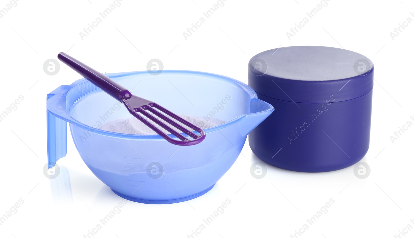 Care cosmetic product for blonde hair, powder and spatula isolated on white Photo of Care cosmetic product for blonde hair, powder and spatula isolated on white
