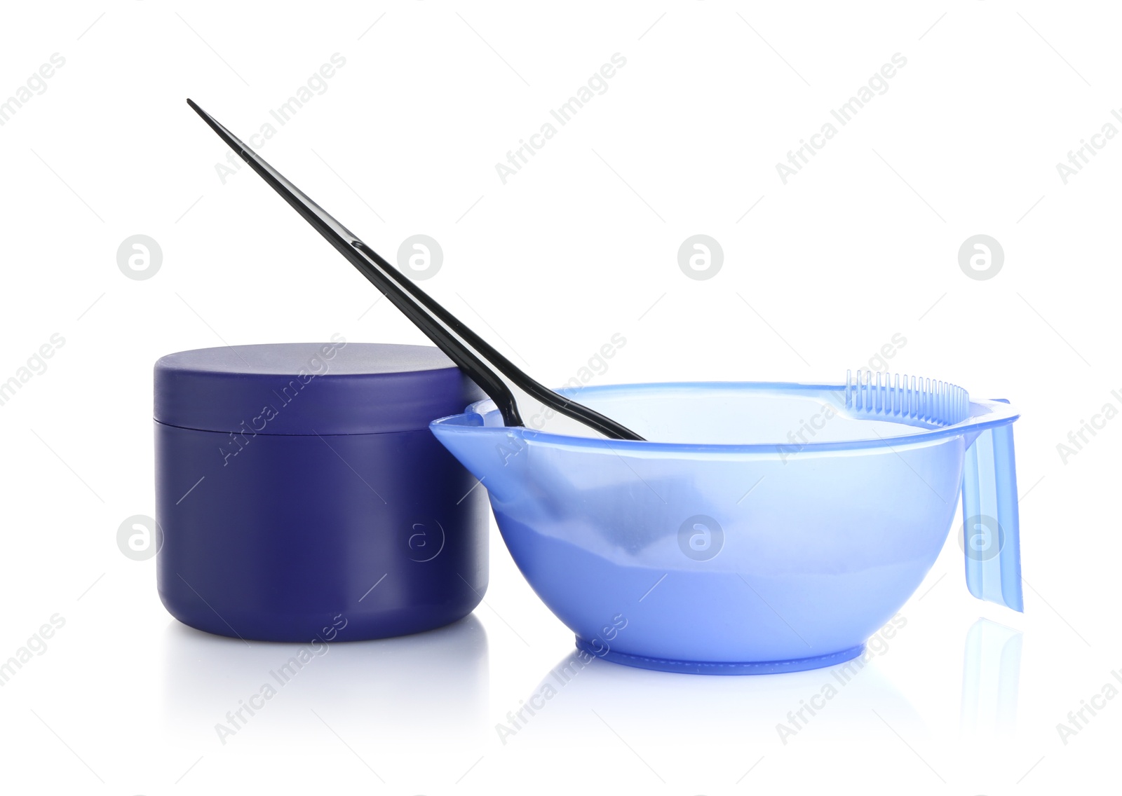 Care cosmetic product for blonde hair, powder and brush isolated on white Photo of Care cosmetic product for blonde hair, powder and brush isolated on white