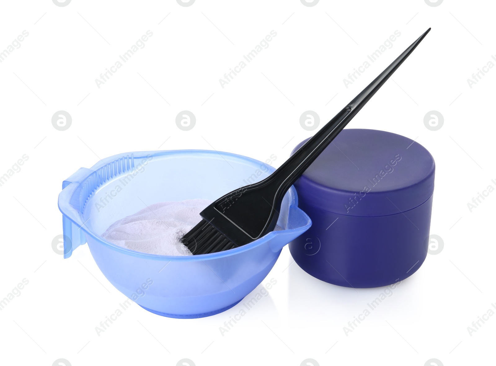 Care cosmetic product for blonde hair, powder and brush isolated on white Photo of Care cosmetic product for blonde hair, powder and brush isolated on white