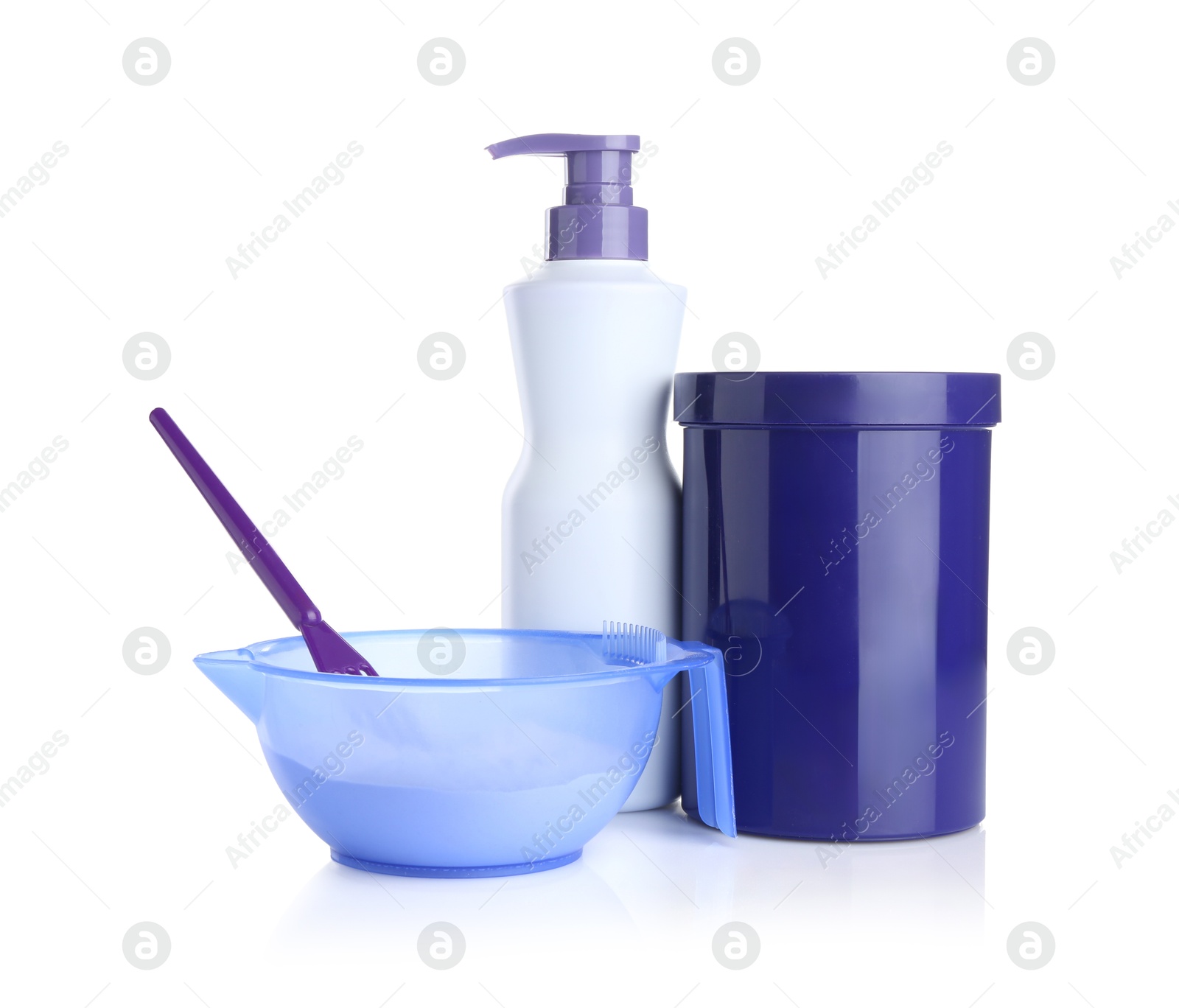 Care cosmetic products for blonde hair, powder and spatula isolated on white Photo of Care cosmetic products for blonde hair, powder and spatula isolated on white