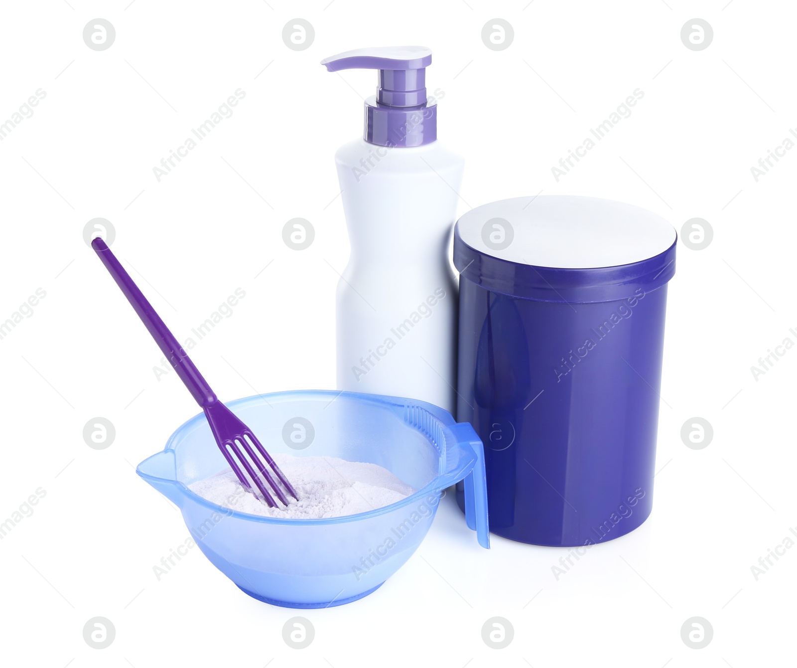 Care cosmetic products for blonde hair, powder and spatula isolated on white Photo of Care cosmetic products for blonde hair, powder and spatula isolated on white
