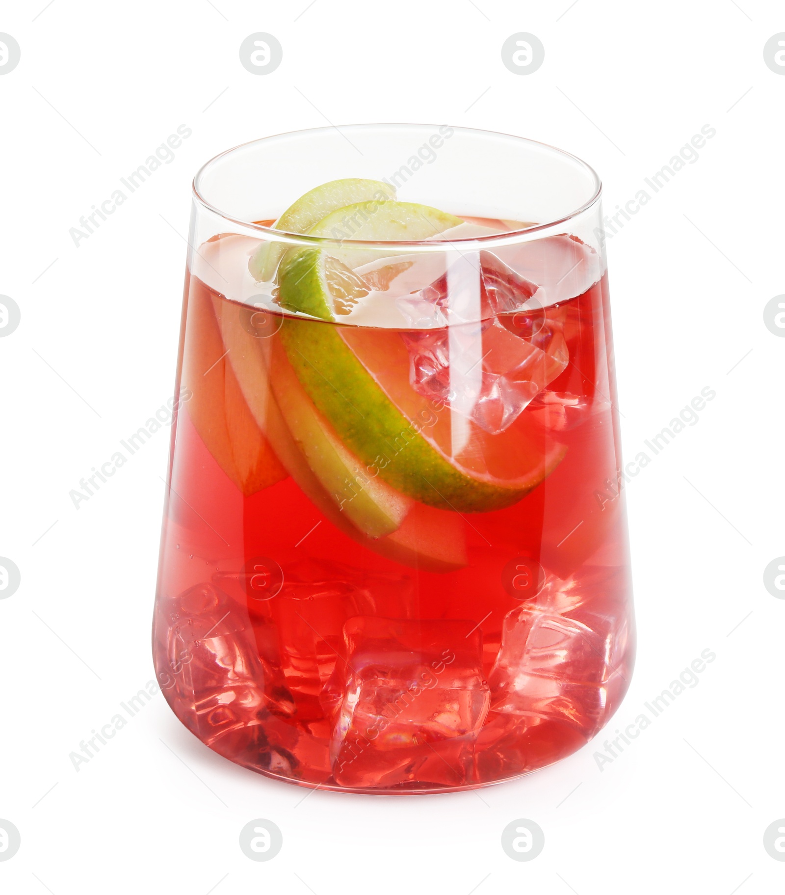 Tasty punch with ice and slices of lime in glass isolated on white. Refreshing drink Photo of Tasty punch with ice and slices of lime in glass isolated on white. Refreshing drink