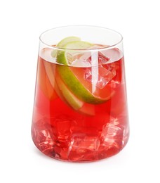 Photo of Tasty punch with ice and slices of lime in glass isolated on white. Refreshing drink