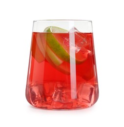 Photo of Tasty punch with ice and slices of lime in glass isolated on white. Refreshing drink