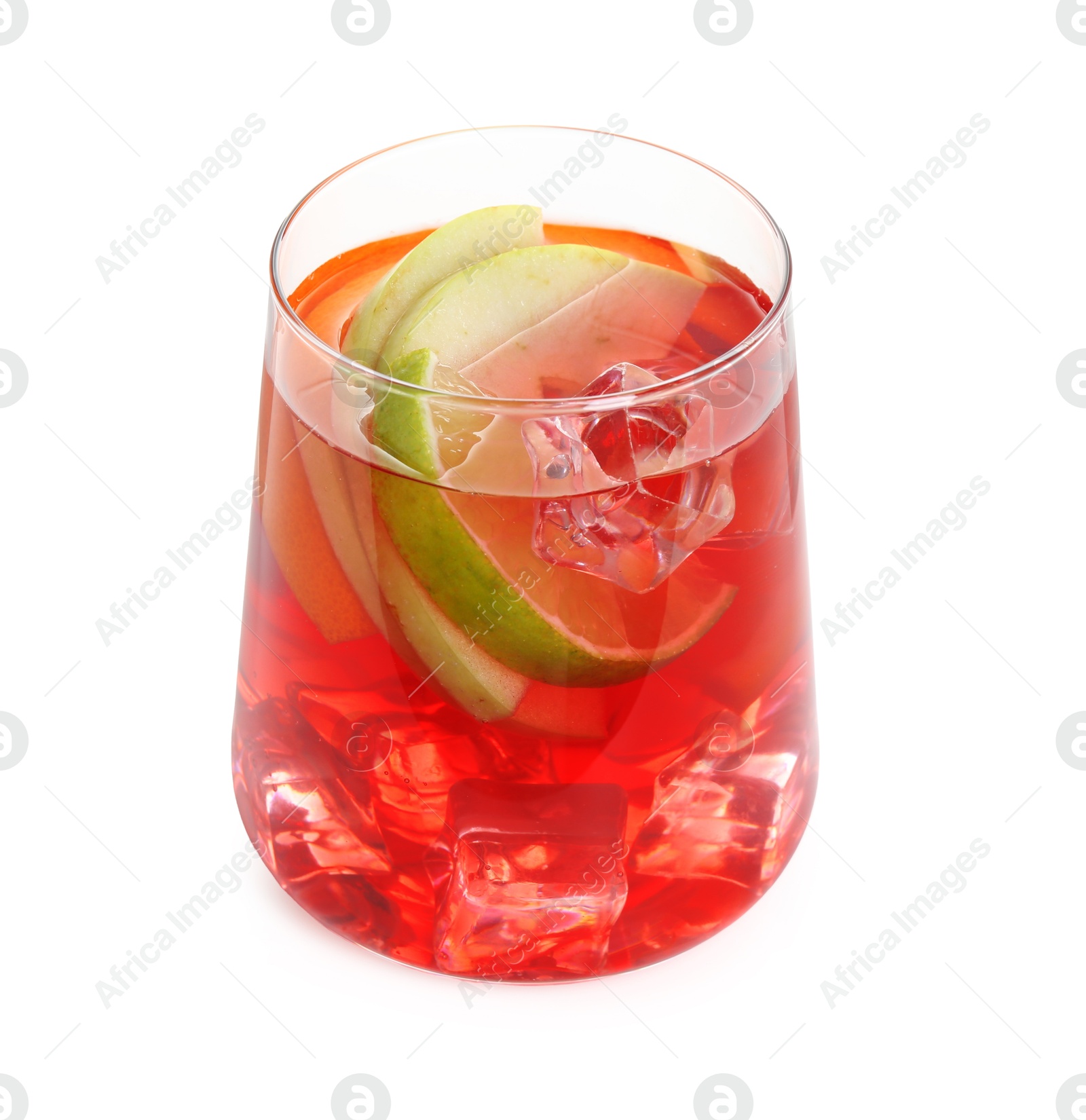 Tasty punch with ice and slices of lime in glass isolated on white. Refreshing drink Photo of Tasty punch with ice and slices of lime in glass isolated on white. Refreshing drink