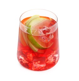 Photo of Tasty punch with ice and slices of lime in glass isolated on white. Refreshing drink