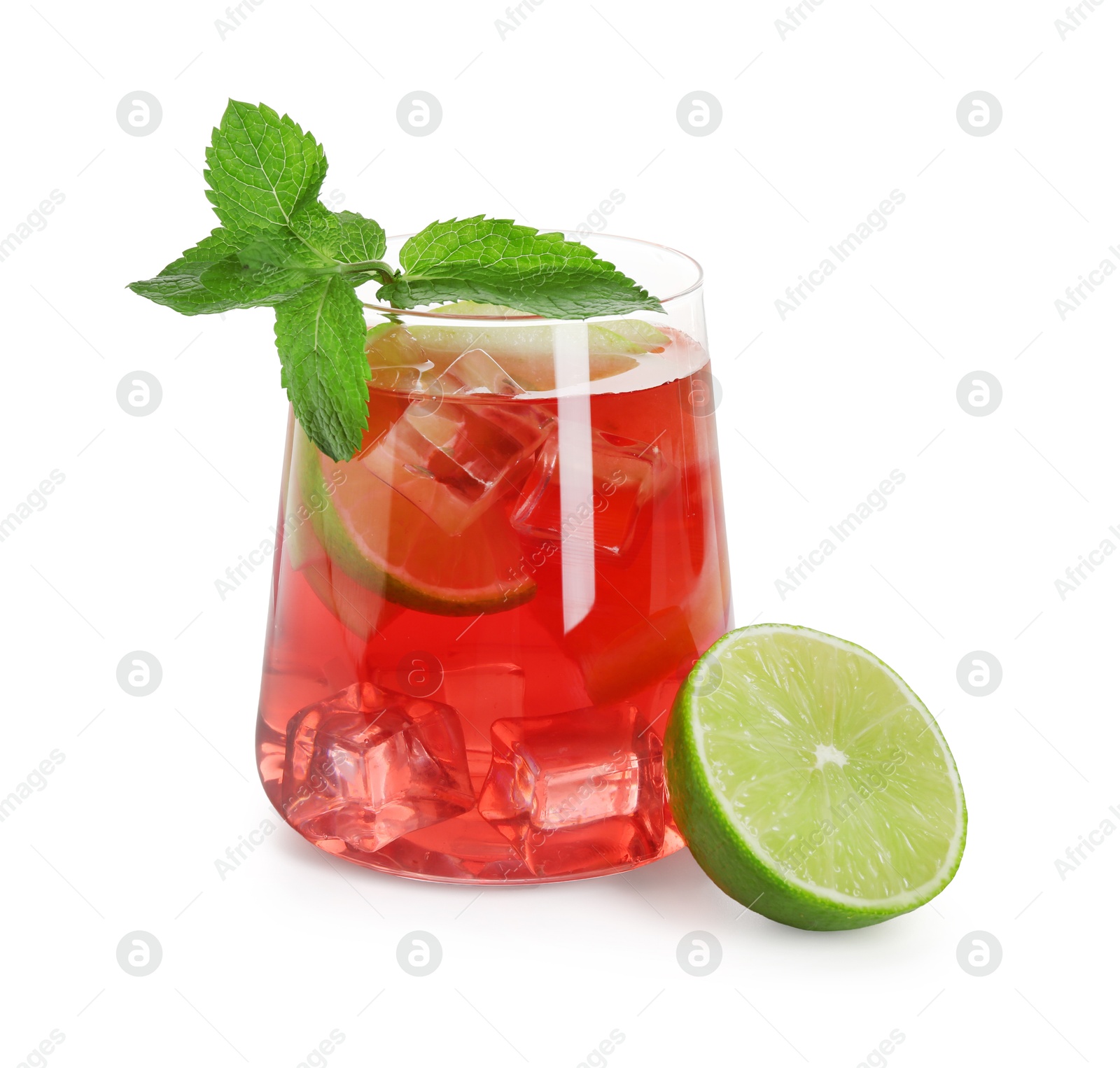 Photo of Tasty punch with ice, mint and slices of lime in glass isolated on white. Refreshing drink