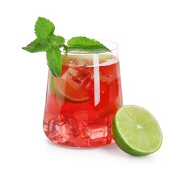 Photo of Tasty punch with ice, mint and slices of lime in glass isolated on white. Refreshing drink