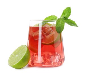 Photo of Tasty punch with ice, mint and slices of lime in glass isolated on white. Refreshing drink