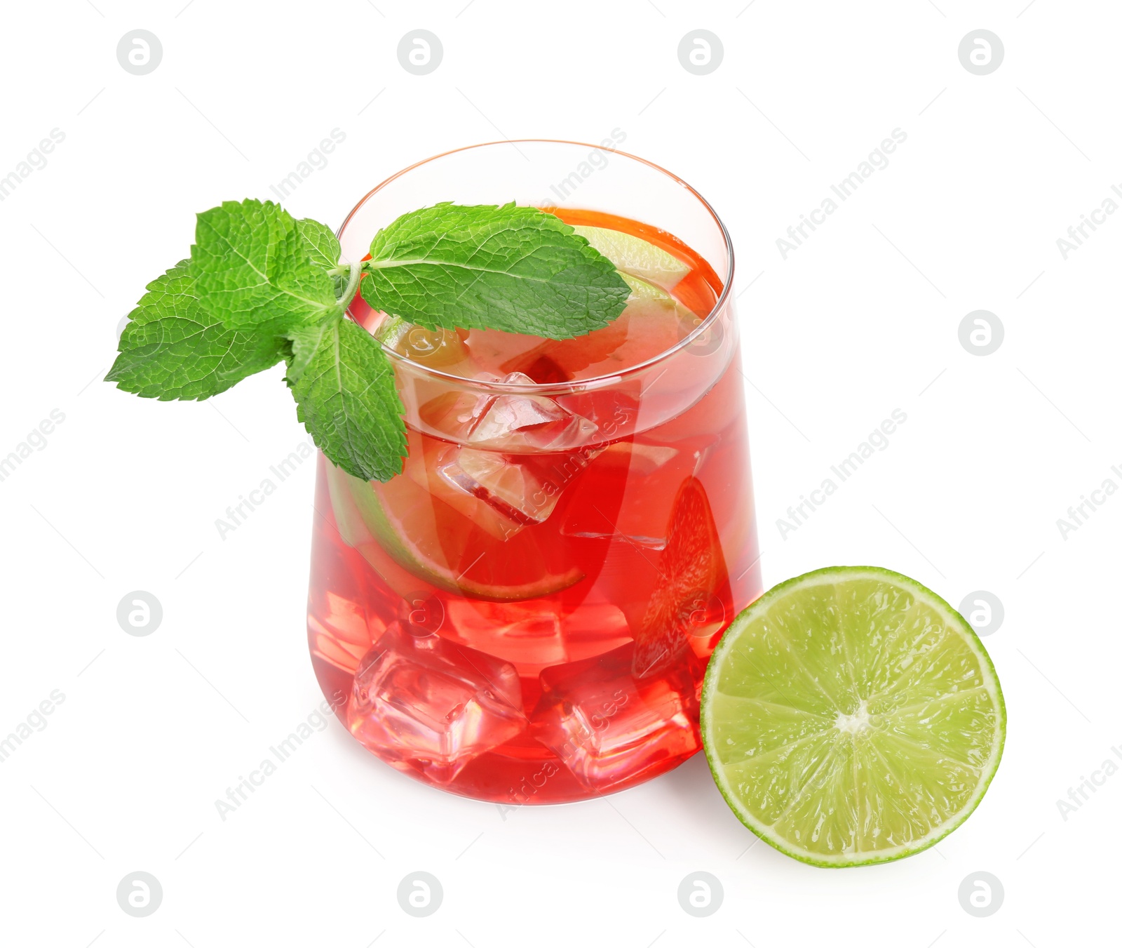 Tasty punch with ice, mint and slices of lime in glass isolated on white. Refreshing drink Photo of Tasty punch with ice, mint and slices of lime in glass isolated on white. Refreshing drink