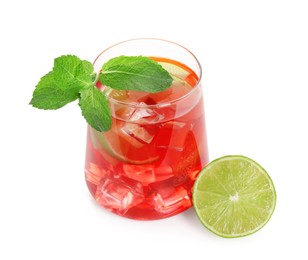 Photo of Tasty punch with ice, mint and slices of lime in glass isolated on white. Refreshing drink
