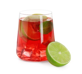 Photo of Tasty punch with ice, mint and slices of lime in glass isolated on white. Refreshing drink