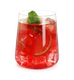 Photo of Tasty punch with ice, mint and slices of lime in glass isolated on white. Refreshing drink