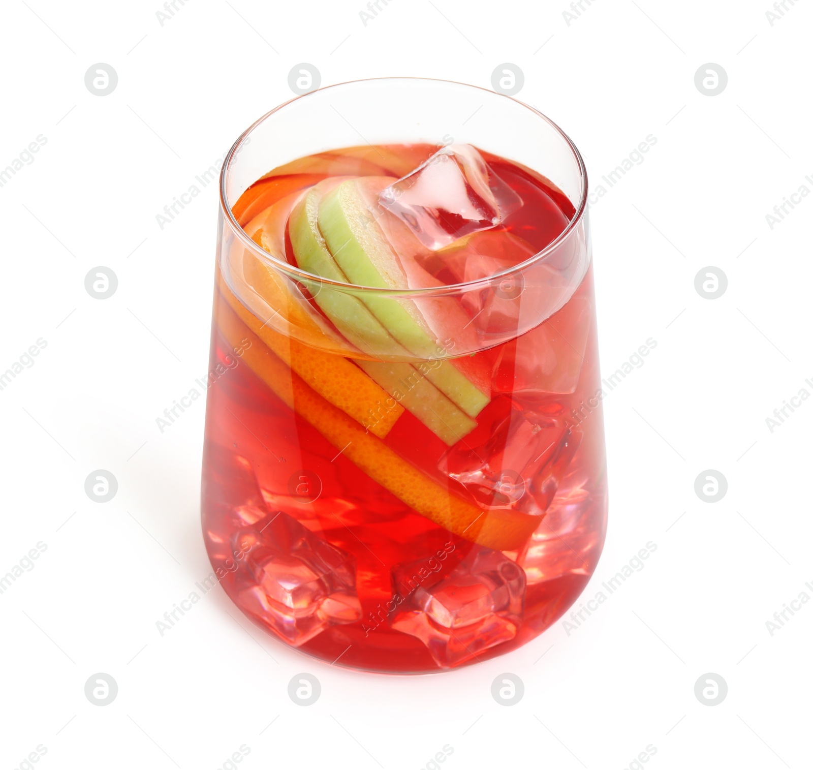 Tasty punch with ice and slices of fruits in glass isolated on white. Refreshing drink Photo of Tasty punch with ice and slices of fruits in glass isolated on white. Refreshing drink