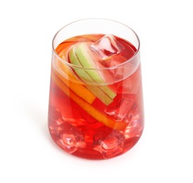 Photo of Tasty punch with ice and slices of fruits in glass isolated on white. Refreshing drink
