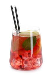 Photo of Tasty punch with ice, mint and slices of fruits in glass isolated on white. Refreshing drink