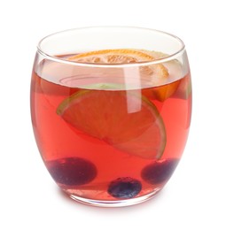 Photo of Tasty punch with slices of fruits and blueberries in glass isolated on white. Refreshing drink