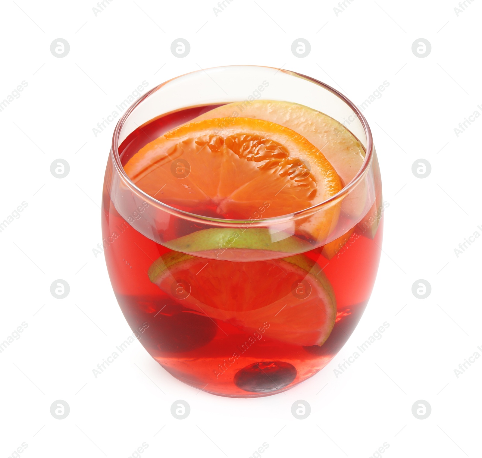 Tasty punch with slices of fruits and blueberries in glass isolated on white. Refreshing drink Photo of Tasty punch with slices of fruits and blueberries in glass isolated on white. Refreshing drink