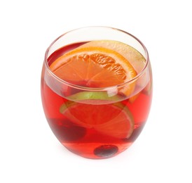 Photo of Tasty punch with slices of fruits and blueberries in glass isolated on white. Refreshing drink