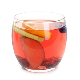 Photo of Tasty punch with slices of fruits and blueberries in glass isolated on white. Refreshing drink