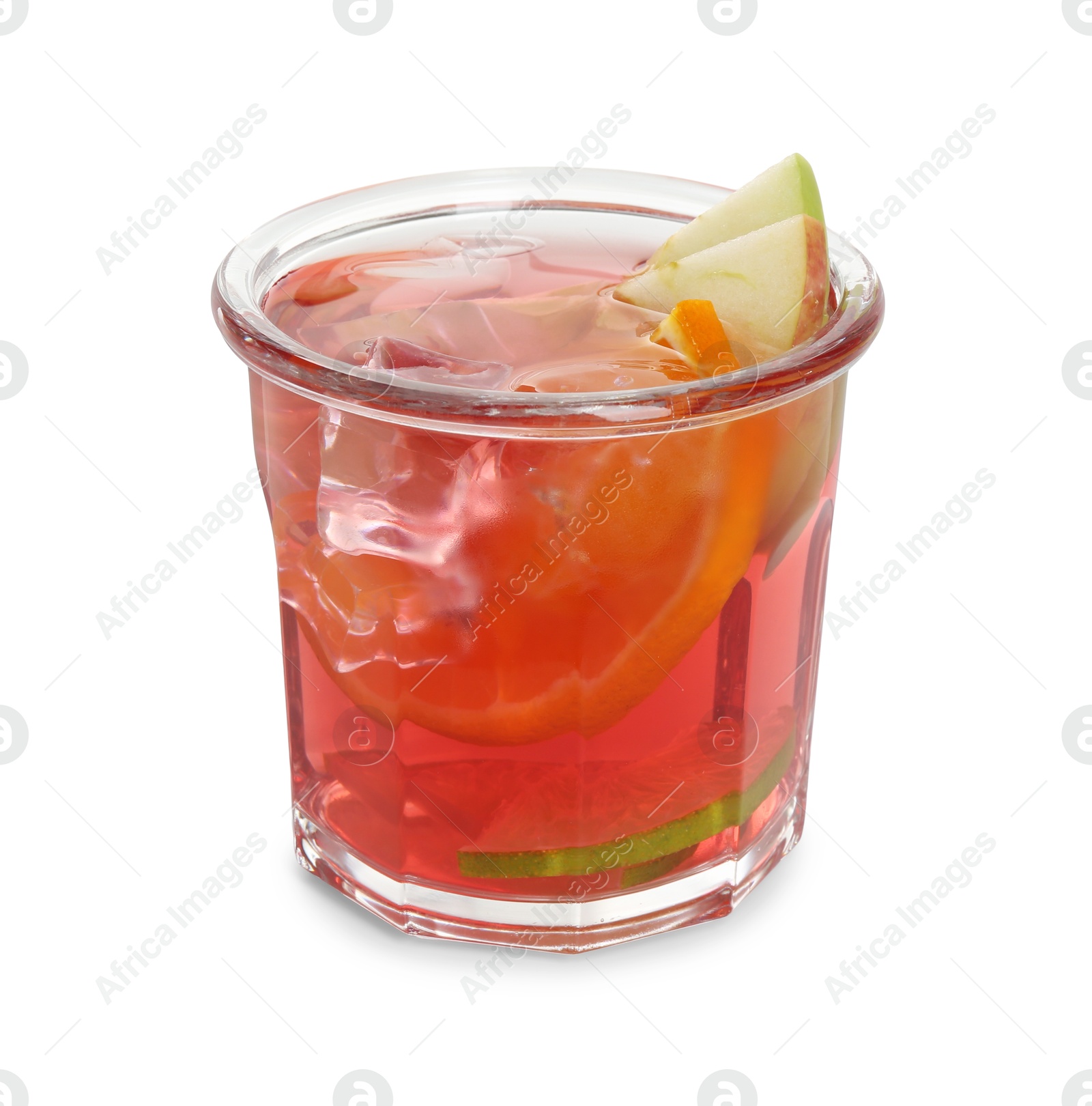 Photo of Tasty fruity punch in glass isolated on white