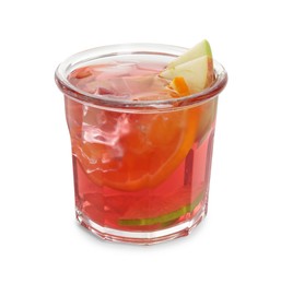 Photo of Tasty fruity punch in glass isolated on white