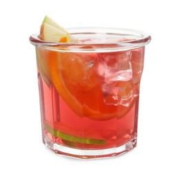 Photo of Tasty fruity punch in glass isolated on white