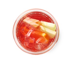 Photo of Tasty fruity punch in glass isolated on white, top view