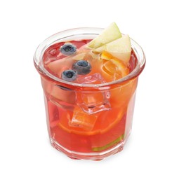 Photo of Tasty fruity punch in glass isolated on white