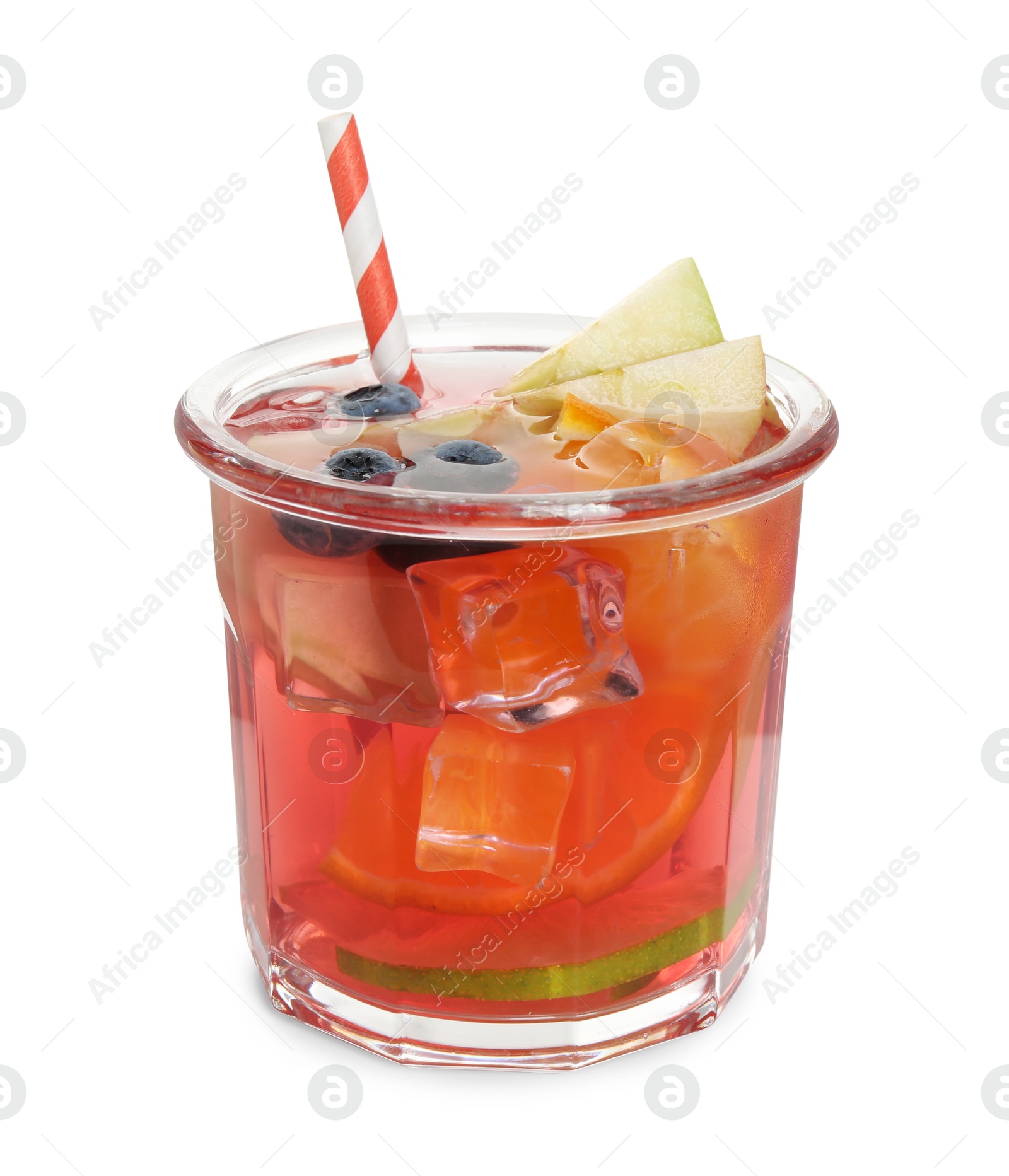 Photo of Tasty fruity punch in glass isolated on white