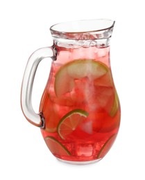 Photo of Tasty fruity punch in glass jug isolated on white