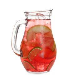 Photo of Tasty fruity punch in glass jug isolated on white