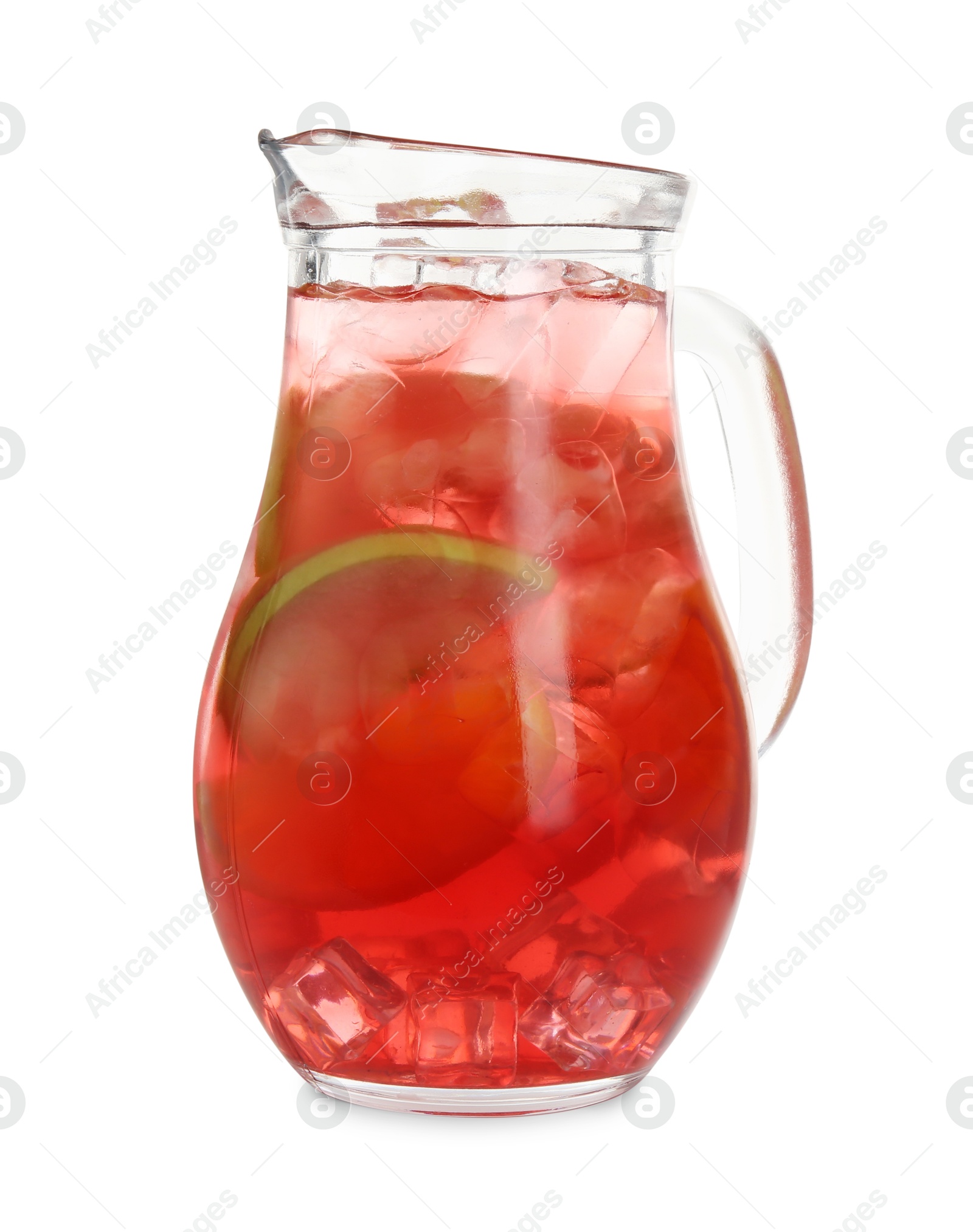 Photo of Tasty fruity punch in glass jug isolated on white
