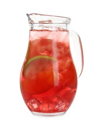 Photo of Tasty fruity punch in glass jug isolated on white