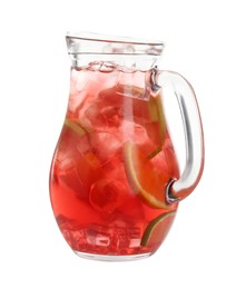 Photo of Tasty fruity punch in glass jug isolated on white