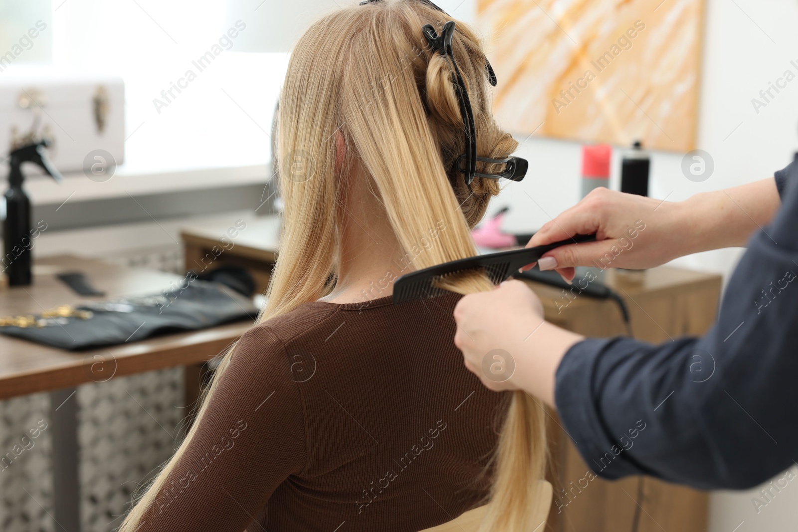 Professional hairstylist combing woman's hair in salon, closeup Photo of Professional hairstylist combing woman's hair in salon, closeup