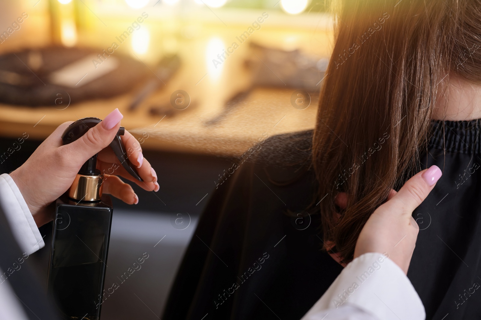 Professional hairstylist working with client in salon, closeup Photo of Professional hairstylist working with client in salon, closeup