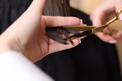 Photo of Hairstylist cutting client's hair with scissors in salon, closeup