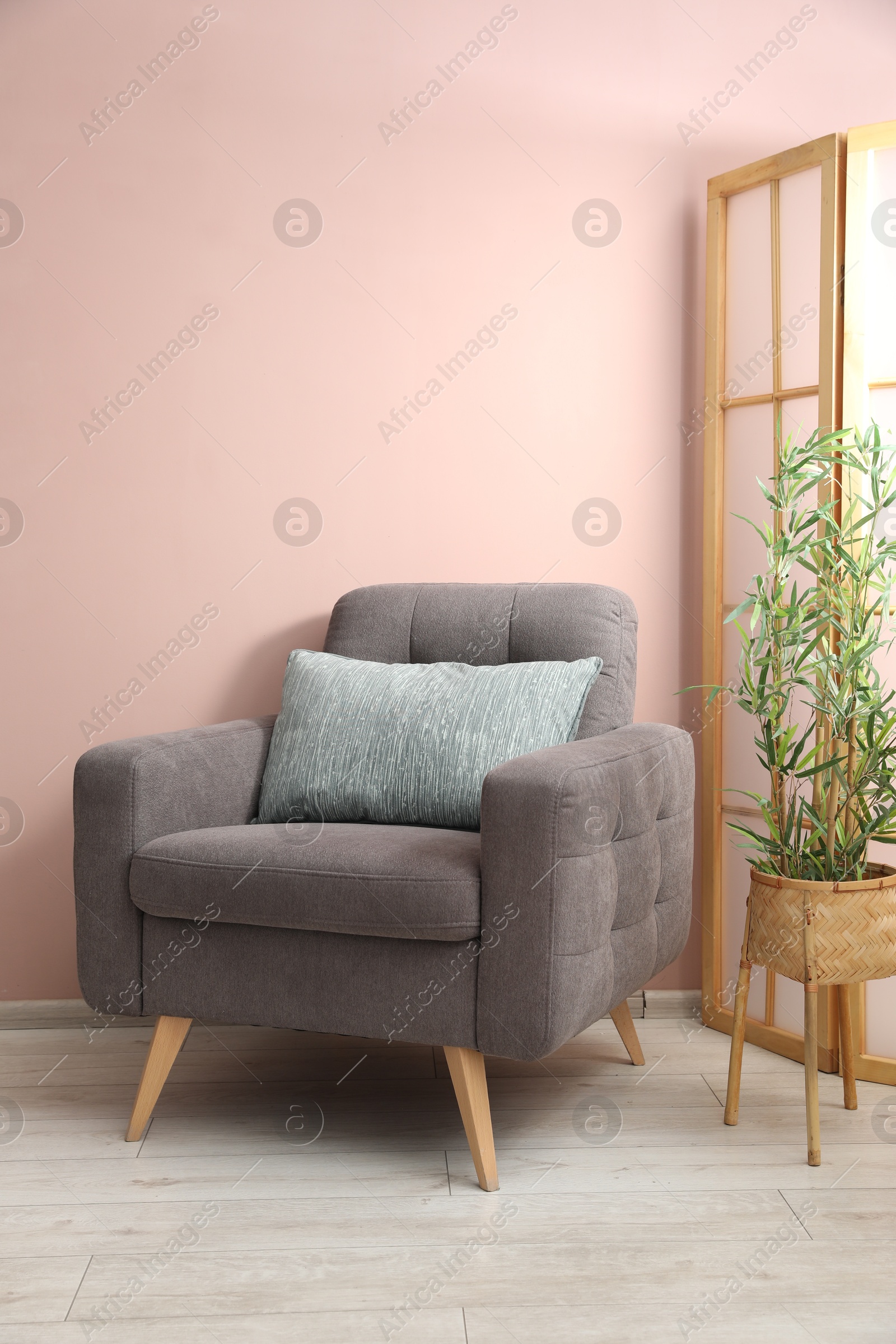 Comfortable armchair with cushion and houseplant near beige wall indoors Photo of Comfortable armchair with cushion and houseplant near beige wall indoors