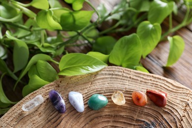 Photo of Aura. Different natural mineral stones and green leaves on table, closeup