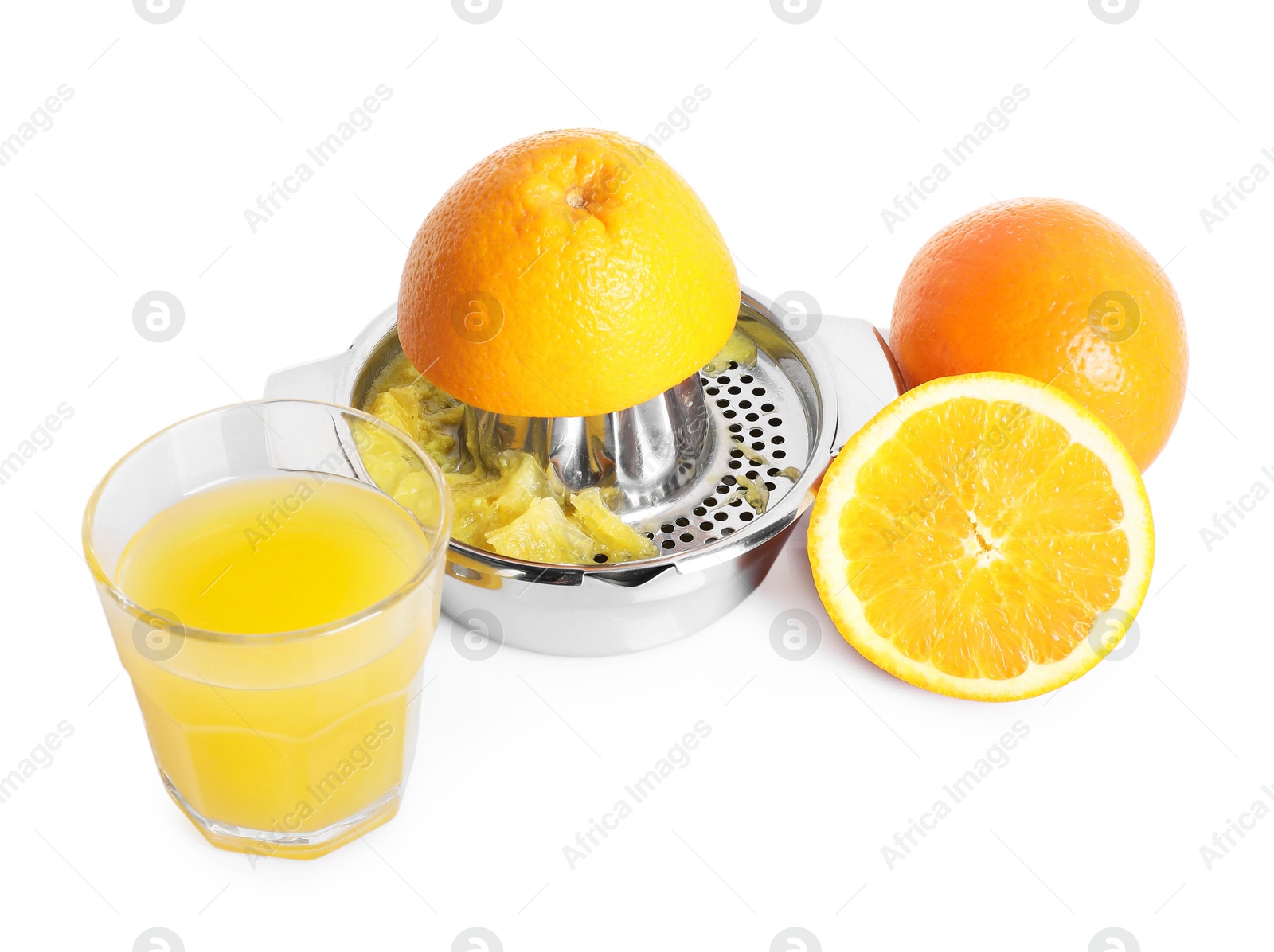 Freshly squeezed orange juice, fruits and juicer isolated on white Photo of Freshly squeezed orange juice, fruits and juicer isolated on white