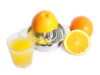 Photo of Freshly squeezed orange juice, fruits and juicer isolated on white