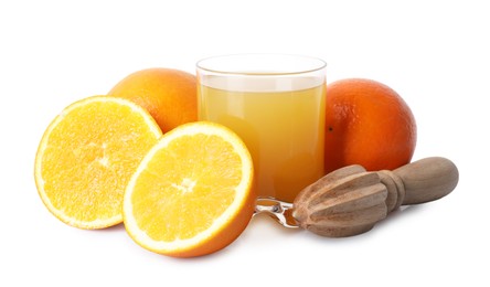 Photo of Freshly squeezed orange juice, fruits and juicer isolated on white