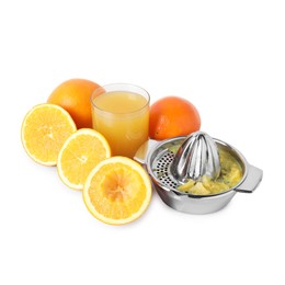 Photo of Freshly squeezed orange juice, fruits and juicer isolated on white