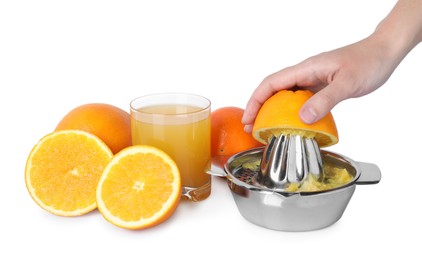 Photo of Making juice. Woman with orange using juicer on white background, closeup