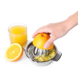 Photo of Making juice. Woman with orange using juicer on white background, closeup