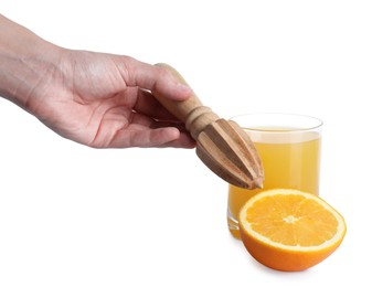Photo of Woman with juicer, freshly squeezed orange juice and fruit on white background, closeup