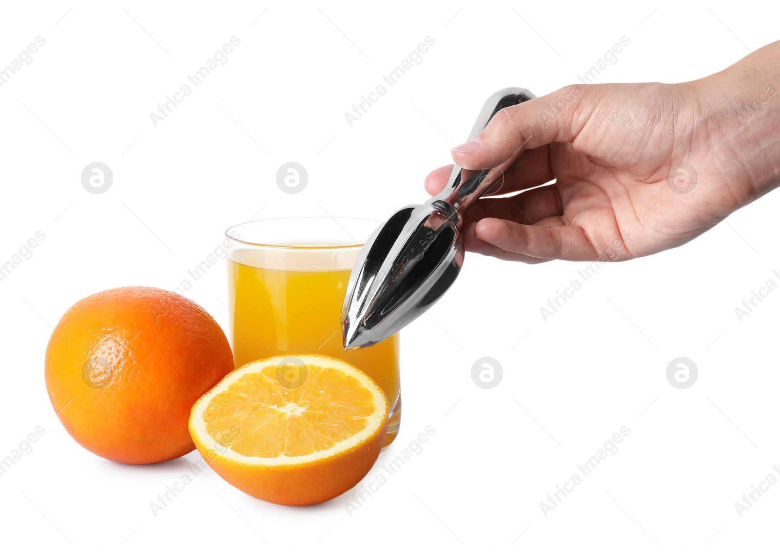 Woman with juicer, freshly squeezed orange juice and fruits on white background, closeup Photo of Woman with juicer, freshly squeezed orange juice and fruits on white background, closeup