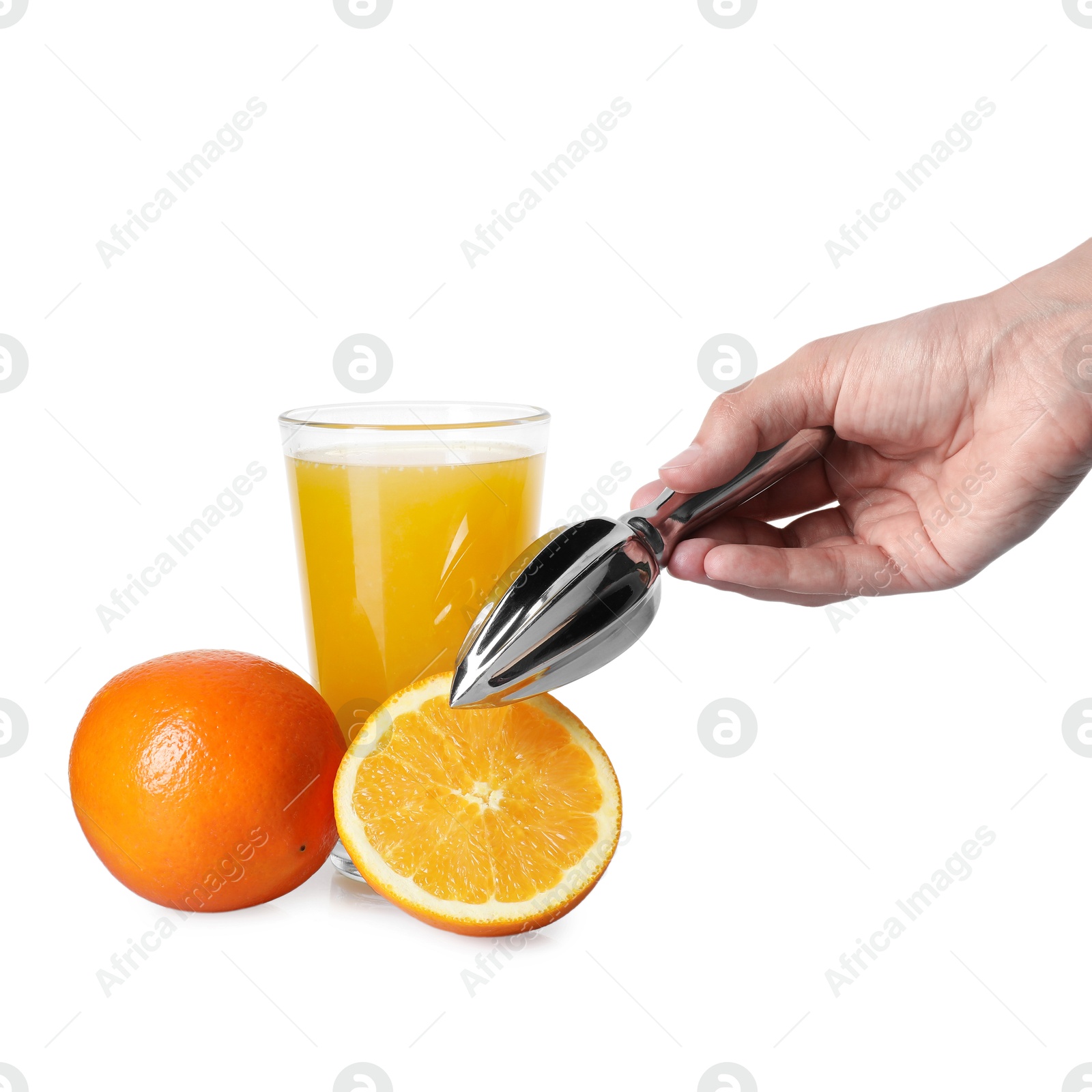 Woman with juicer, freshly squeezed orange juice and fruits on white background, closeup Photo of Woman with juicer, freshly squeezed orange juice and fruits on white background, closeup
